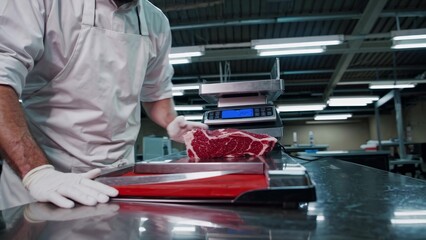 Butcher wearing gloves carefully places a piece of fresh red meat on a digital scale, ensuring precise measurement for packaging and sale in a modern meat processing facility