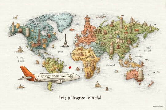 Colorful illustration of airplane flying over famous world landmarks and global icons