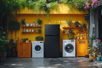 Outdoor laundry area design featuring appliances and lush greenery against a yellow wall