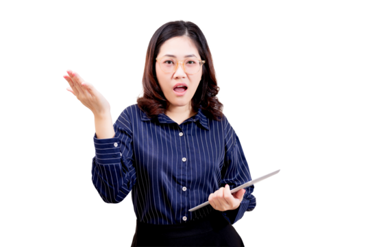 A woman wearing glasses and a striped shirt gestures with one hand while holding a tablet, expressing surprise or confusion.