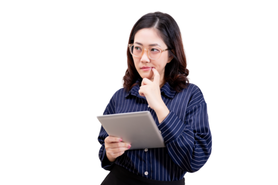 A thoughtful woman with glasses holds a tablet, wearing a navy blue striped blouse and looking contemplative.