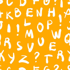 Seamless pattern with white hand-drawn alphabet letters, exclamation marks and question marks on orange background.
