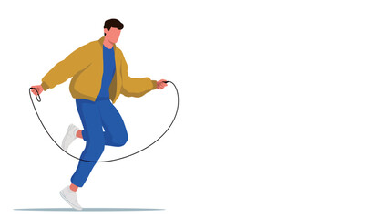 A vector illustration depicting a stylized male figure in a yellow jacket and blue pants jumping rope. The figure is mid-jump, with the rope arcing around him. The style is simple and minimalist,