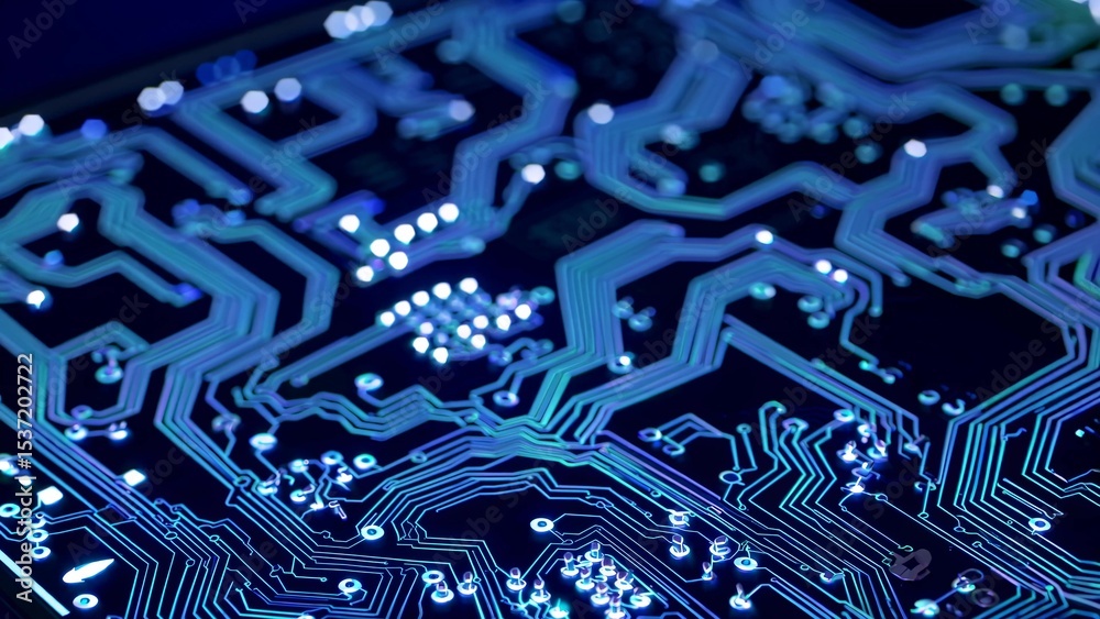 Poster close-up view of an electronic circuit board, highlighting the intricate network of pathways and com