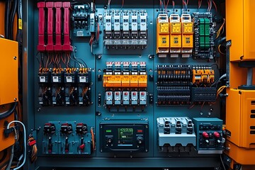 Detailed view of a modern industrial electrical panel with wiring and circuit breakers