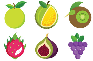 Collection of six colorful flat fruit illustrations