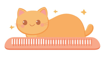 A digital illustration depicting a stylized, cartoon-like orange cat with large eyes and a cheerful expression. The cat is positioned on a large, light orange comb with white lines suggesting