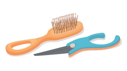 Close-up studio shot against a white background of a small orange plastic hairbrush with short bristles and a pair of small, light blue plastic children's scissors.  The objects are positioned