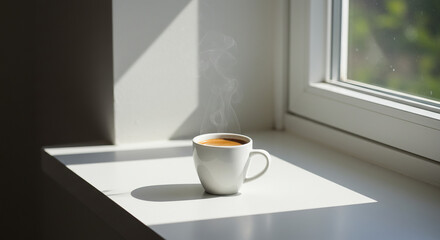 Minimalist shot of espresso coffee by the window, with soft natural lighting creating a calm morning atmosphere