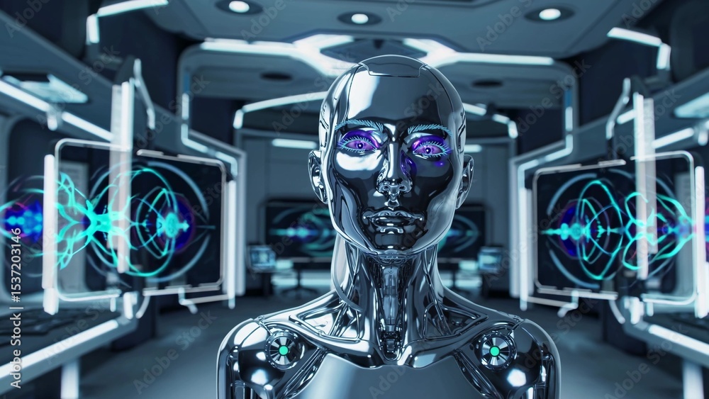 Poster sophisticated metallic female robot with glowing eyes analyzing complex data patterns displayed on m