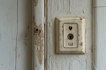 Close up of an aged electrical light switch on a textured weathered white surface.
