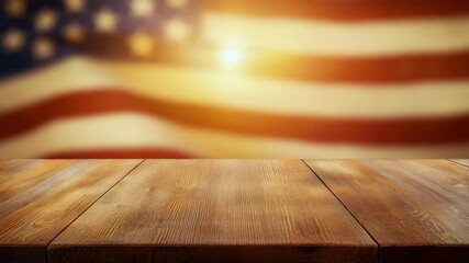 Wooden table in front of a blurred American flag Trade war documents on table as executives discuss labor market, strategic growth, recovery path - Powered by Adobe