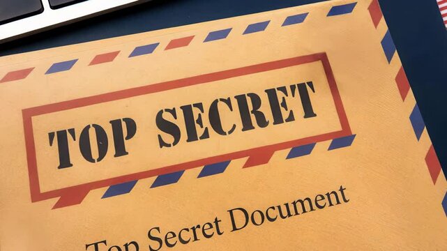 Top secret document on a desk, surrounded by office supplies and a laptop, symbolizes confidentiality and critical information.