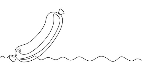 Continuous one line drawing of delicious hot dog. Minimal style. Perfect for cards, party invitations, posters, stickers, clothing. Food concept, Hot dog with mustard. Sausage in a bun. Unhealthy food