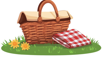 A digital illustration depicting a brown wicker picnic basket with a beige lid and a brown leather handle. Beside it is a folded red and white checkered picnic blanket.  Both items rest on a patch