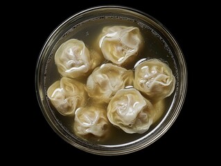  chinese wonton soup with handmade dumplings floating in savory broth