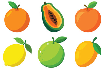 Collection of six colorful flat fruit illustrations