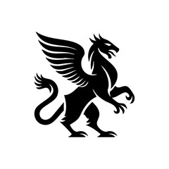 Fototapeta premium Majestic black silhouette of a griffin with raised wings, combining lion and eagle features.