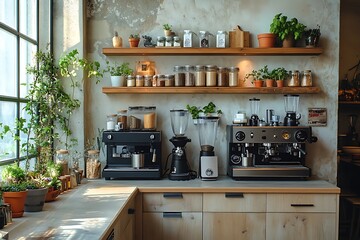 Stylish and cozy coffee shop interior featuring coffee machines and plant decorations