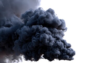 A dense cloud of dark swirling smoke fills the left side contrasting with the plain white background