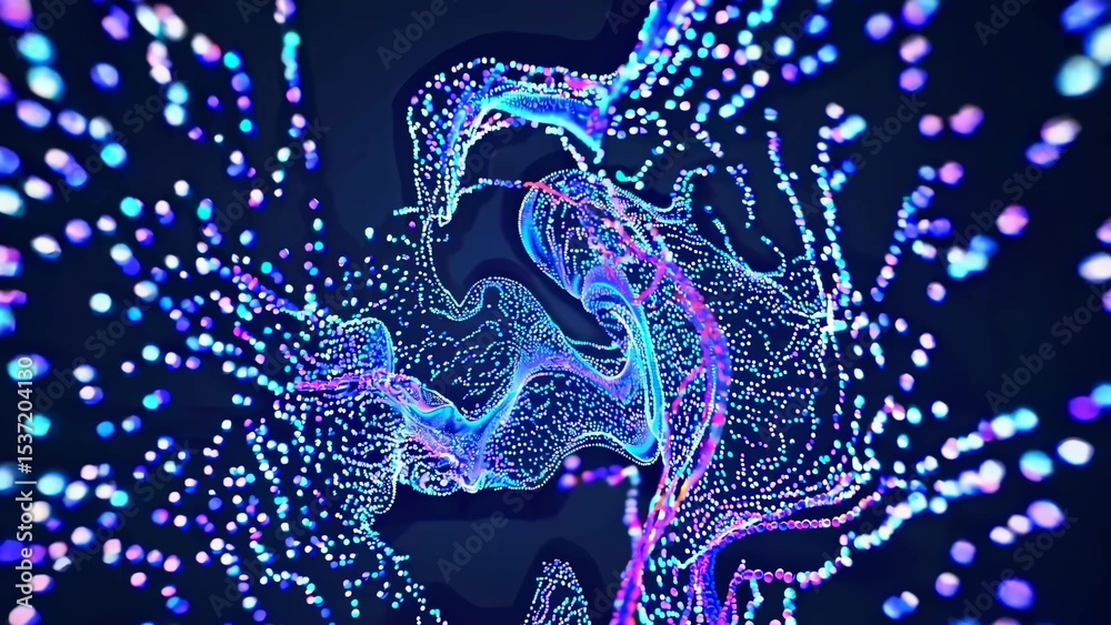 Poster colorful particle animation swirling dynamically across dark blue background, generating vibrant vis