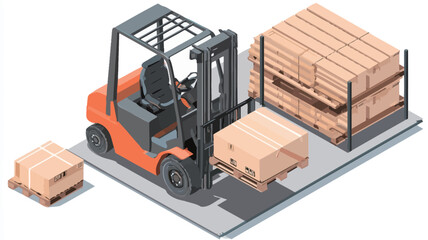 Isometric illustration of an orange forklift moving a pallet of cardboard boxes in a warehouse setting.  The forklift is depicted from a slightly elevated three-quarter perspective. Additional