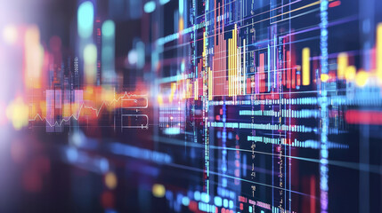 Obraz premium Colorful data visualization with graphs and charts, showcasing modern technology and analytics in vibrant urban setting