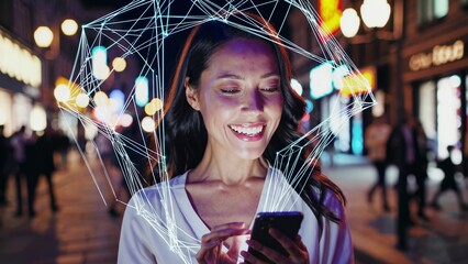 Smiling businesswoman engaging with a smartphone featuring a futuristic hologram while navigating a vibrant city street illuminated by night lights, embodying innovation and modern technology