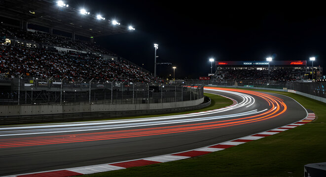 Nighttime Speedway Spectacle: Illuminated Racecar Trails and Stadium Excitement