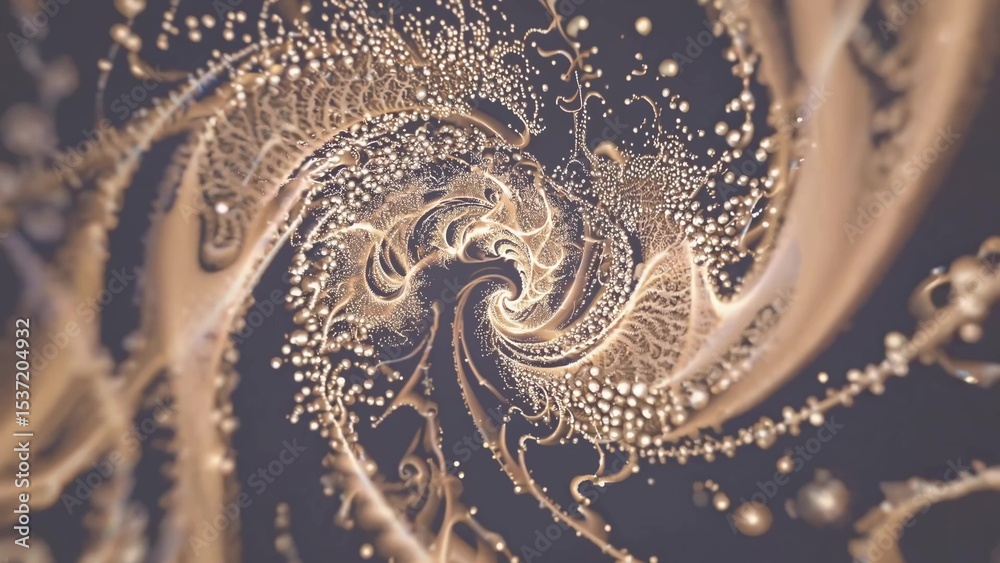 Poster golden fractal swirling, creating a mesmerizing vortex with intricate details and luminous particles