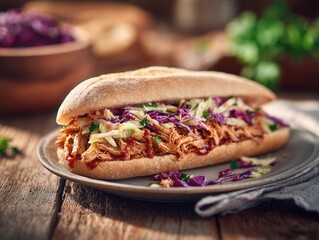 Delicious Pulled Pork Sandwich with Fresh Slaw on Rustic Wooden Table