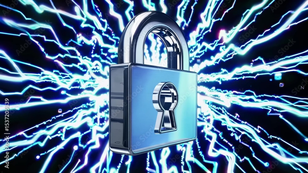 Poster chrome padlock securing a data stream, protecting sensitive information from cyber attacks while ens