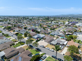 Day time aerial view of the Uptown area of Whittier with house and street, California, USA