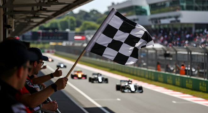 Formula racing competition with checkered flag waving in the air at finish line