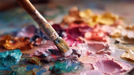 Obraz premium Artist's Paintbrush Mixing Colors on a Palette