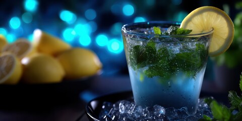 Refreshing mojito served in a glass with fresh mint and lemon slice against a blue background with lemon halves in the frame