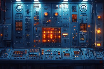 Detailed view of a futuristic control panel with glowing lights and intricate technology.