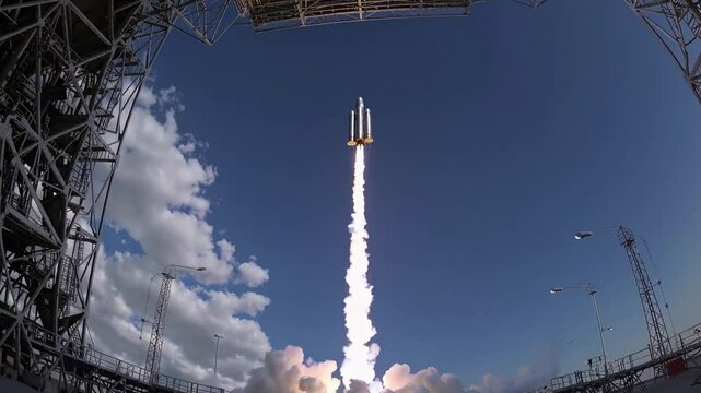 Rocket Launch: A powerful rocket ascends into a clear blue sky, leaving a trail of fiery exhaust in its wake. The launchpad and surrounding structures are visible in the wide angle shot.