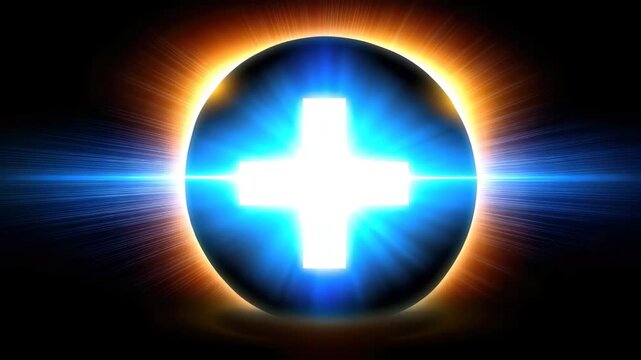 Pulsating blue medical cross glows against dark solar eclipse disc