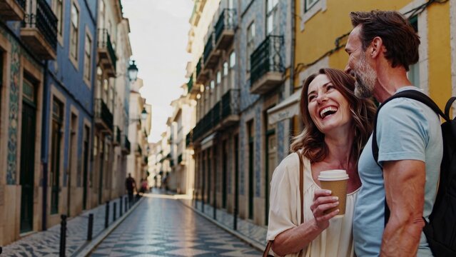Cheerful mature couple of tourists is enjoying a relaxing walk through lisbon's picturesque streets, holding takeaway coffee and sharing a joyful moment together