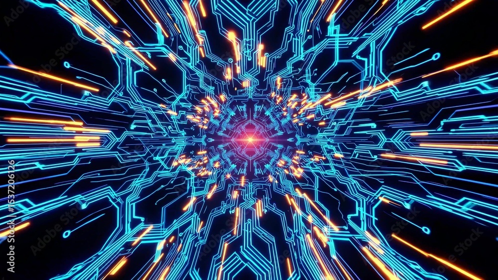 Poster glowing blue and orange lines of data flow through a futuristic circuit board tunnel, creating a vib