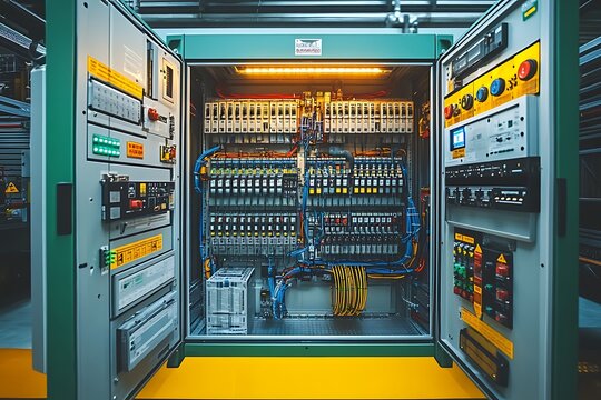 Industrial electrical control panel with wiring and components inside of a production facility