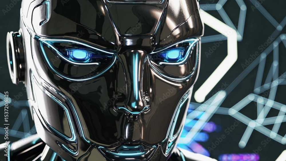 Poster chrome robotic head featuring glowing blue eyes, embodying artificial intelligence and machine learn