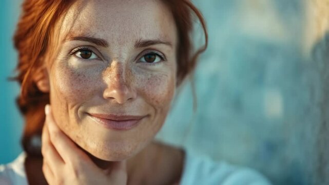 Beautiful mid aged Redhead Curly Hair Woman in her 40s with Freckles Closeup video Smiling at Camera enjoying her skin and aging gracefully