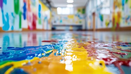 Vivid Paint Pouring onto School Floor in Empty Classroom – Symbol of Art, Color, and Imagination