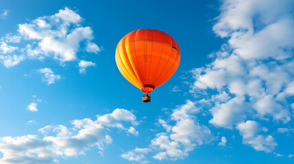 Naklejka premium Bright orange hot air balloon floating against blue sky with scattered clouds
