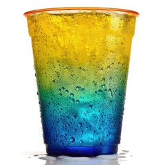 Refreshing layered yellow blue drink in a plastic cup with condensation Cool summer beverage
