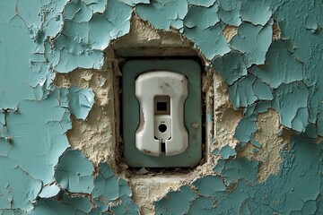 Crumbling wall revealing a vintage electrical outlet showing the effects of age and decay.