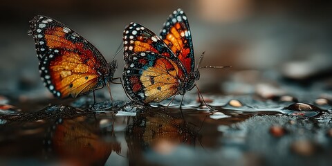 Obraz premium Colorful butterflies drinking water from a wet surface during a quiet morning in a natural habitat