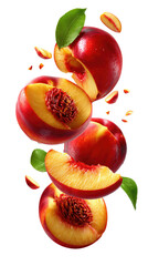 Floating Nectarine: Fresh nectarines in mid-air, revealing juicy details, set against a pure backdrop, inviting viewers to indulge in the refreshing essence of summer.